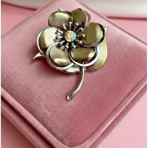 Vintage Two-Tone Flower Brooch Silver Gold Tone AB Rhinestone Center Pin